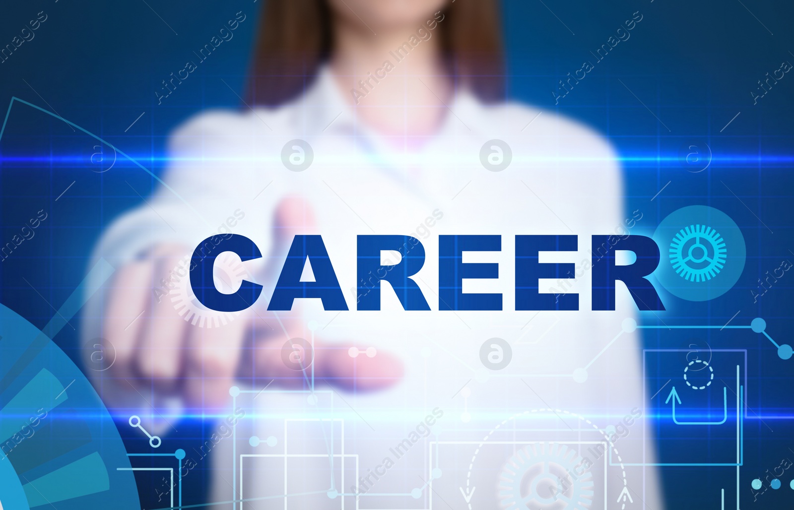 Image of Career concept. Woman working with virtual screen, closeup