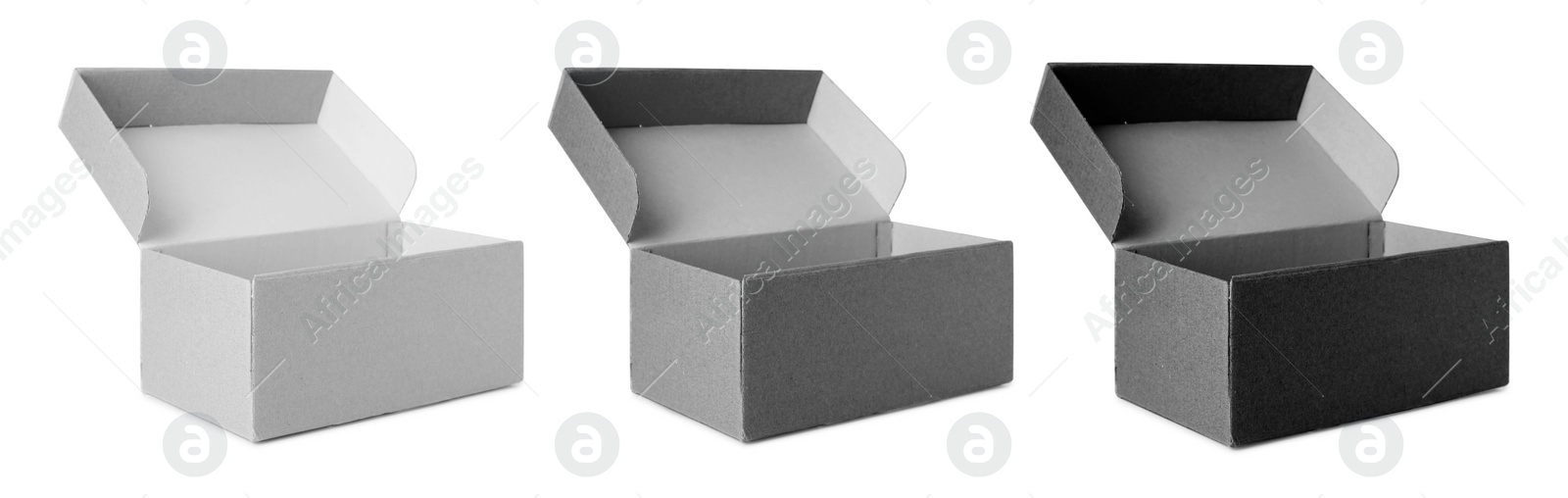 Image of Set of open cardboard boxes on white background. Banner design