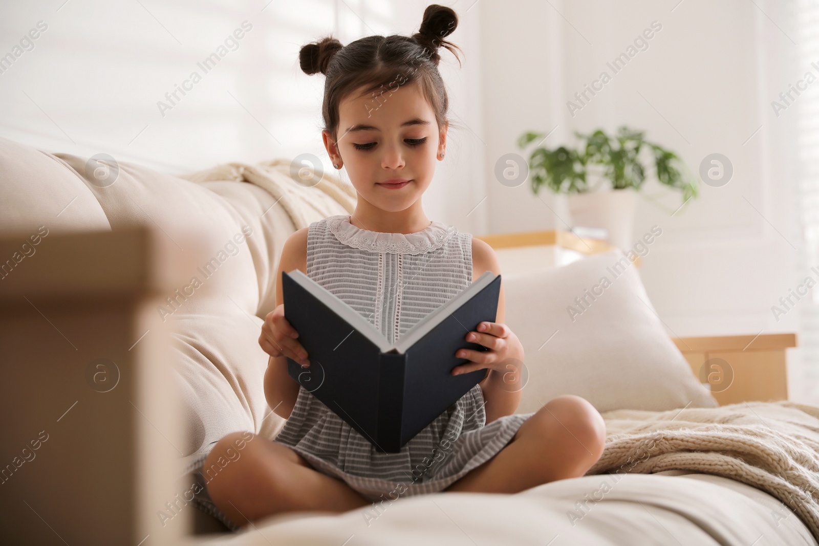 Photo of Little girl reading fairy tale in living room