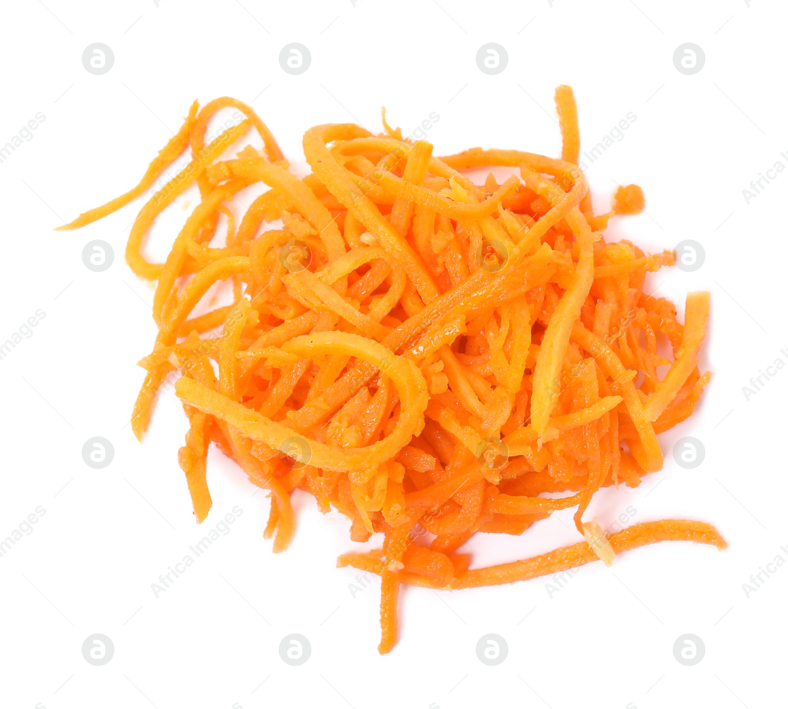 Photo of Delicious Korean carrot salad isolated on white, top view