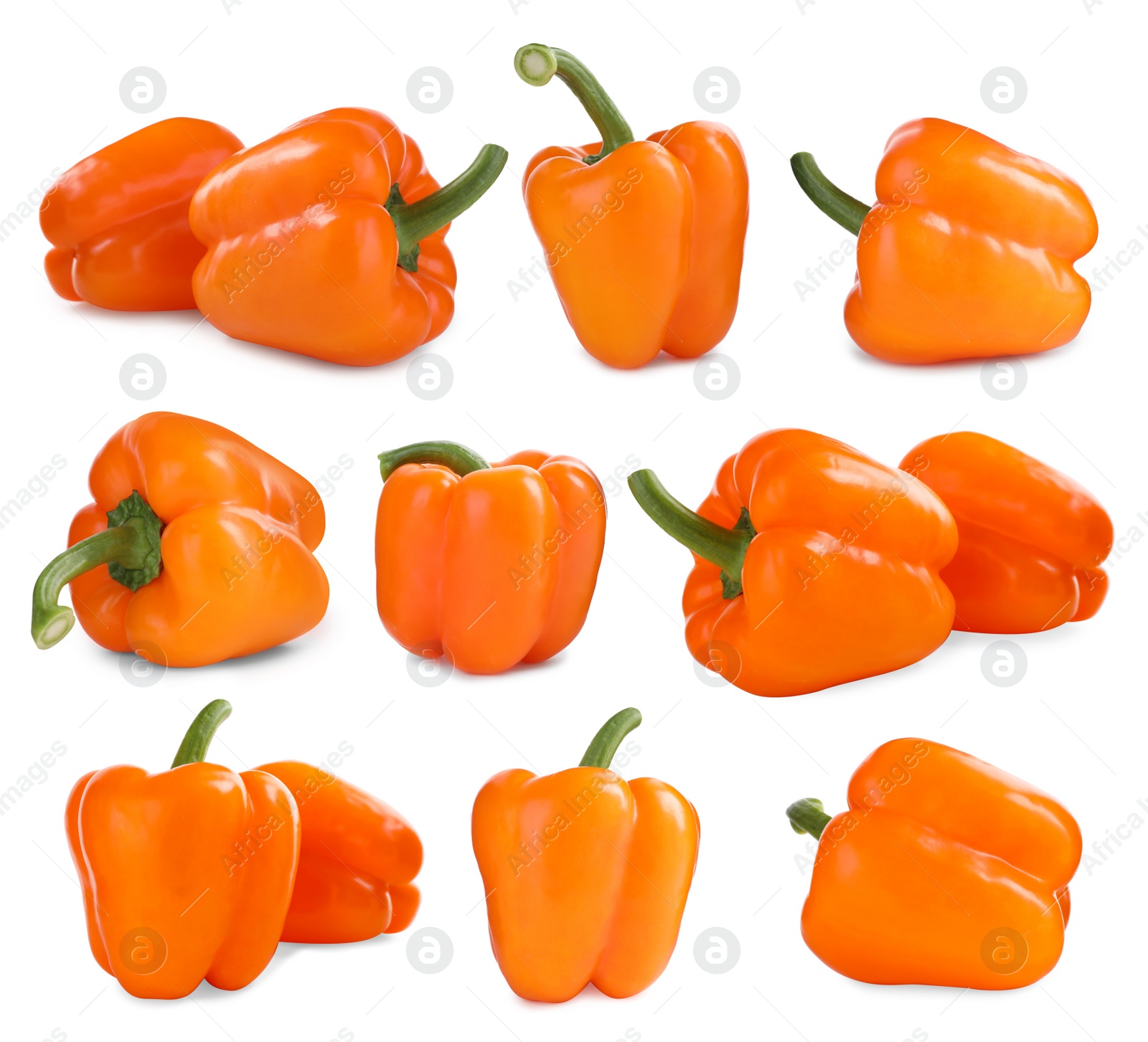 Image of Set of ripe orange bell peppers on white background