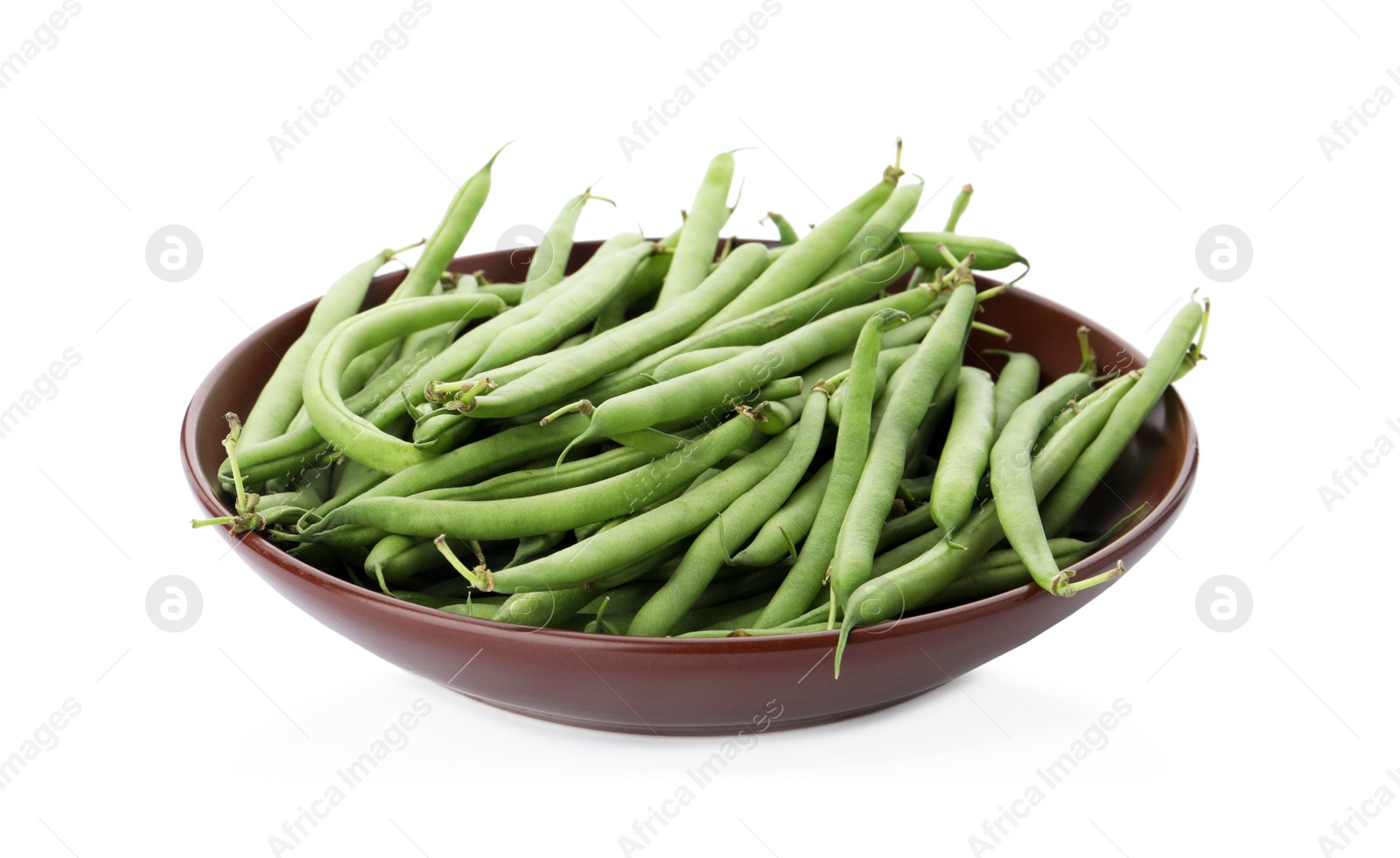 Photo of Fresh green beans in bowl isolated on white