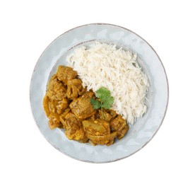 Photo of Delicious chicken curry with rice isolated on white, top view