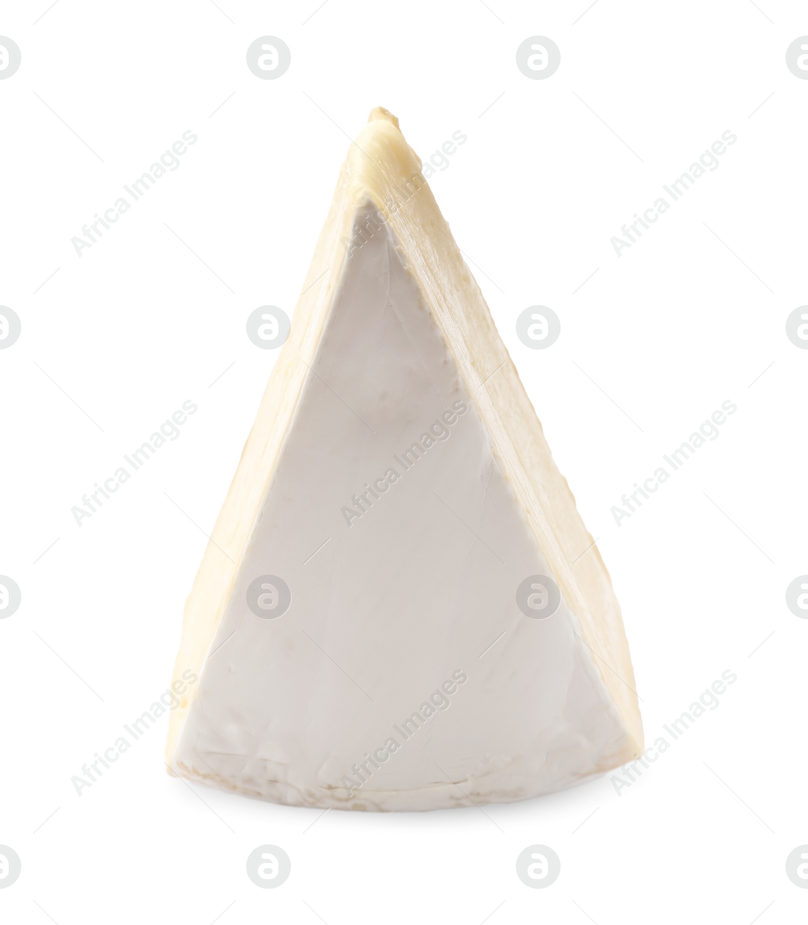 Photo of One piece of tasty camembert cheese isolated on white