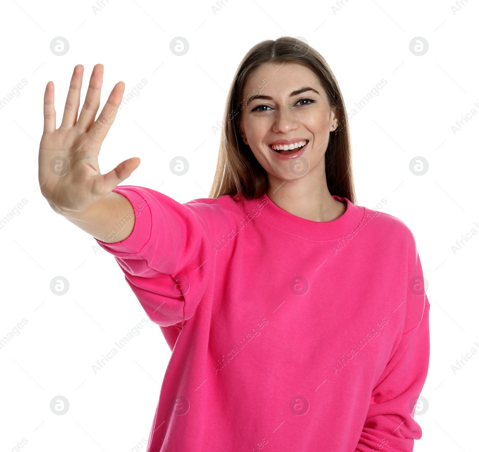 Photo of Woman showing number five with her hand on white background