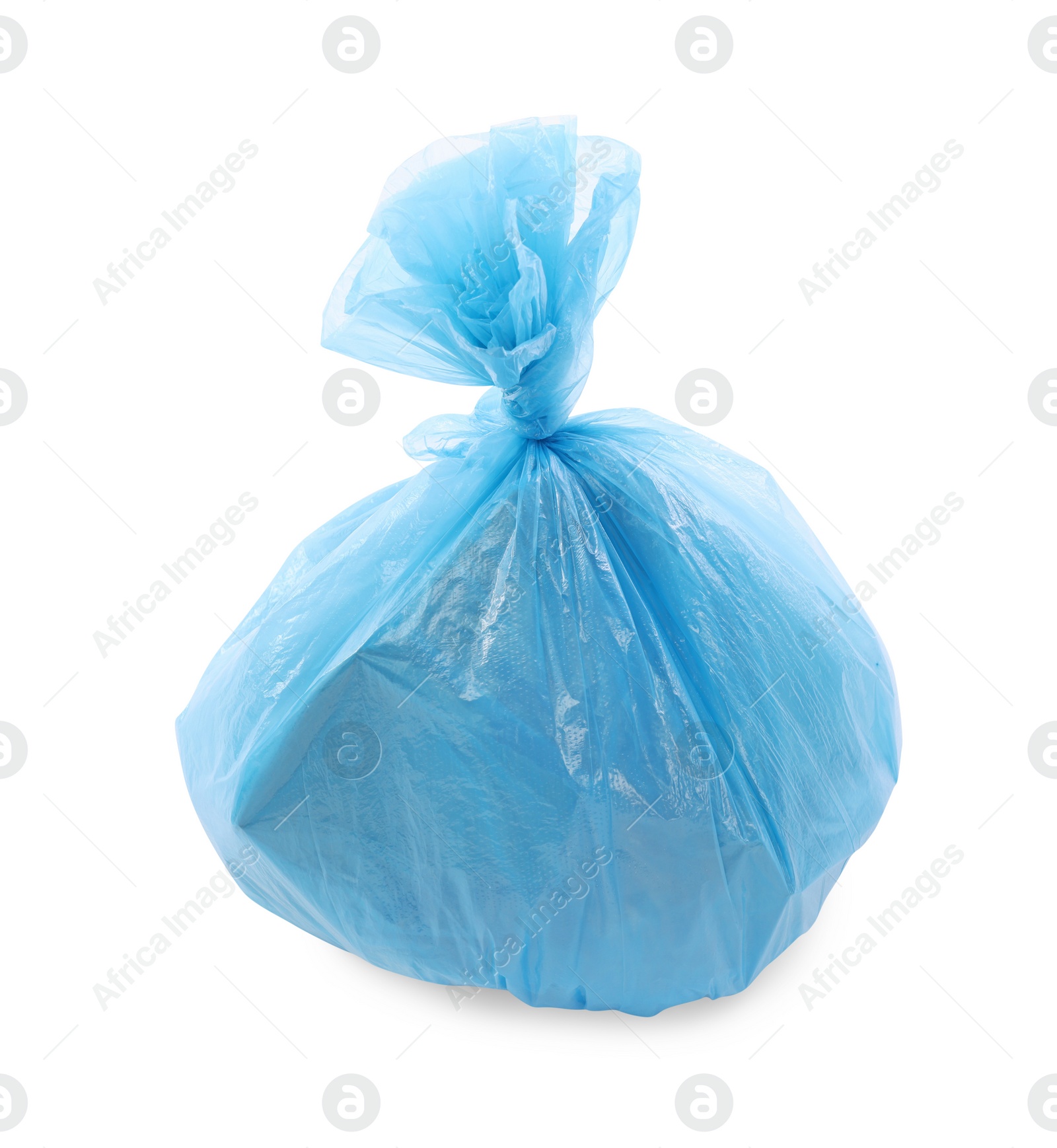 Photo of Blue plastic garbage bag isolated on white