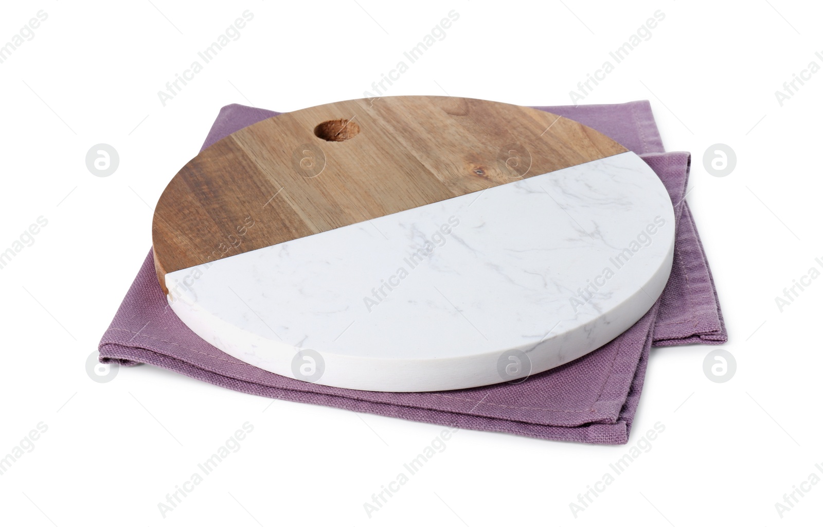 Photo of Cutting board and kitchen towel isolated on white