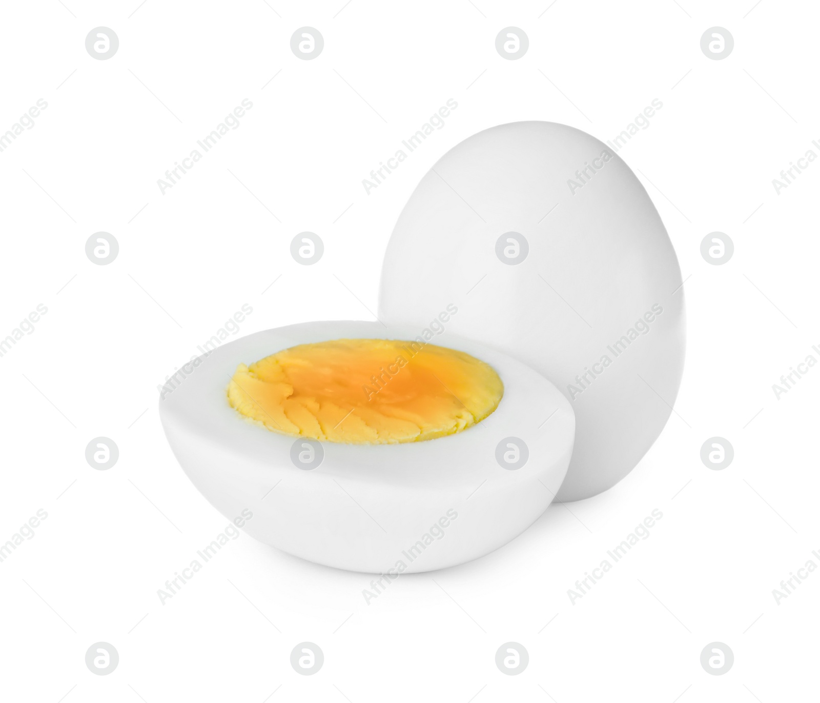 Photo of Fresh peeled hard boiled eggs on white background