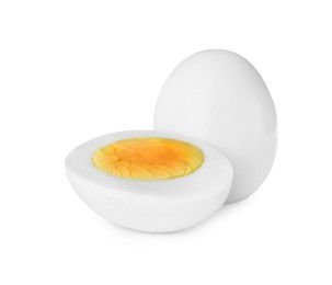 Photo of Fresh peeled hard boiled eggs on white background