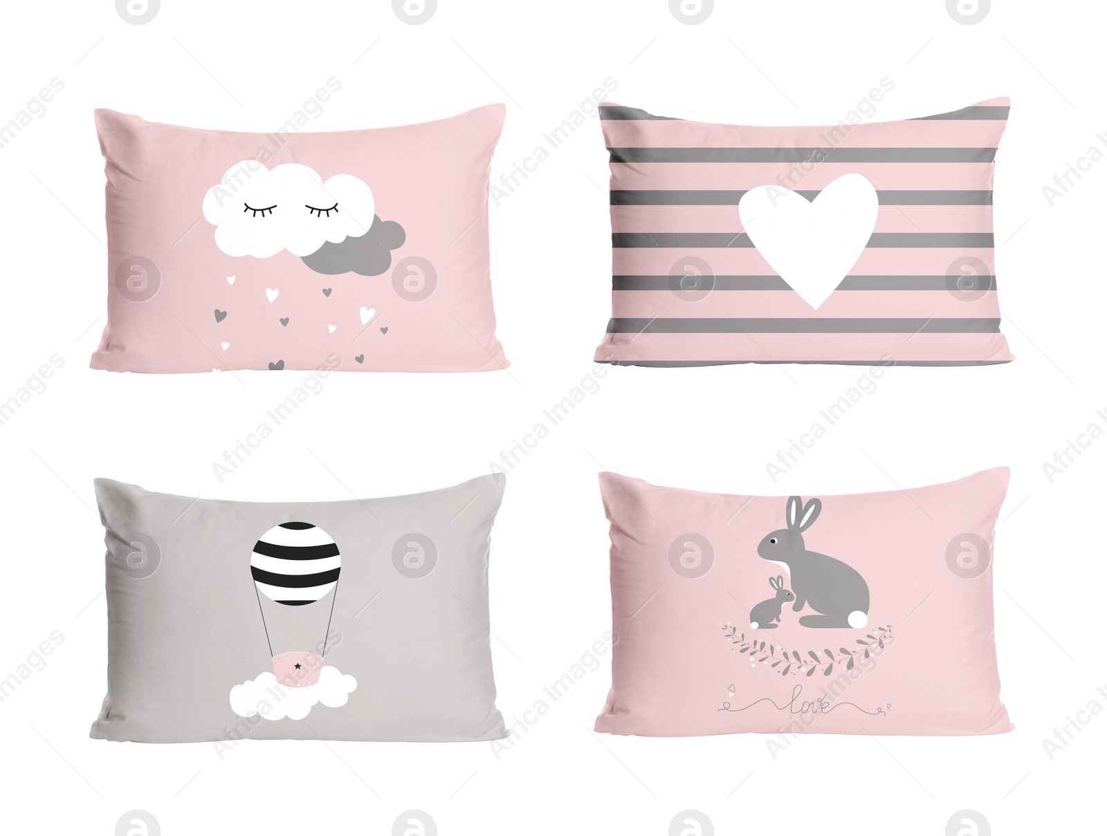 Image of Soft pillows with cute prints isolated on white, set