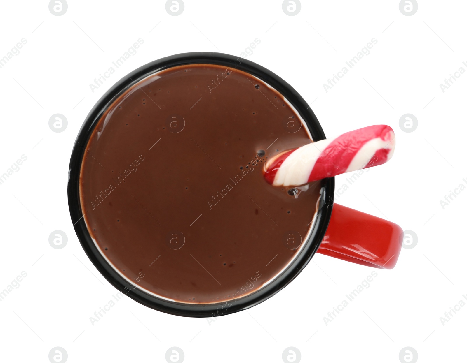 Photo of Cup of delicious hot chocolate with candy cane isolated on white, top view