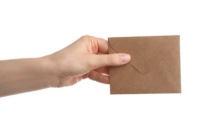 Woman holding brown paper envelope on white background, closeup