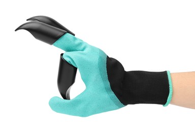 Photo of Woman in claw gardening glove showing ok gesture on white background, closeup