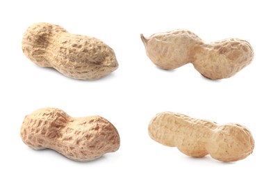 Set with tasty peanuts on white background 