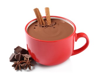 Photo of Yummy hot chocolate with cinnamon in red cup on white background