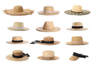 Image of Set with stylish straw hats on white background 