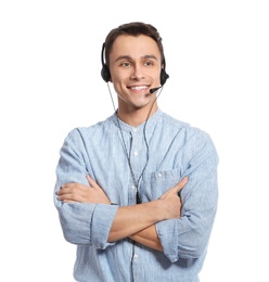 Technical support operator with headset on white background