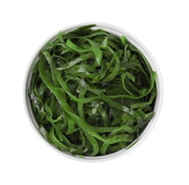 Photo of Tasty seaweed salad in bowl isolated on white, top view