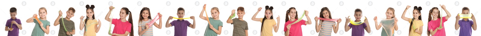 Image of Collage of children with different slimes on white background. Banner design 