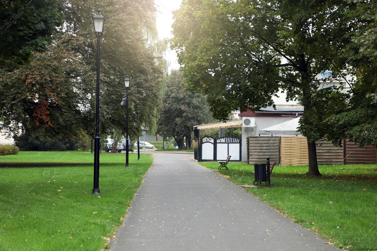 Photo of Beautiful public city park with many different plants and building