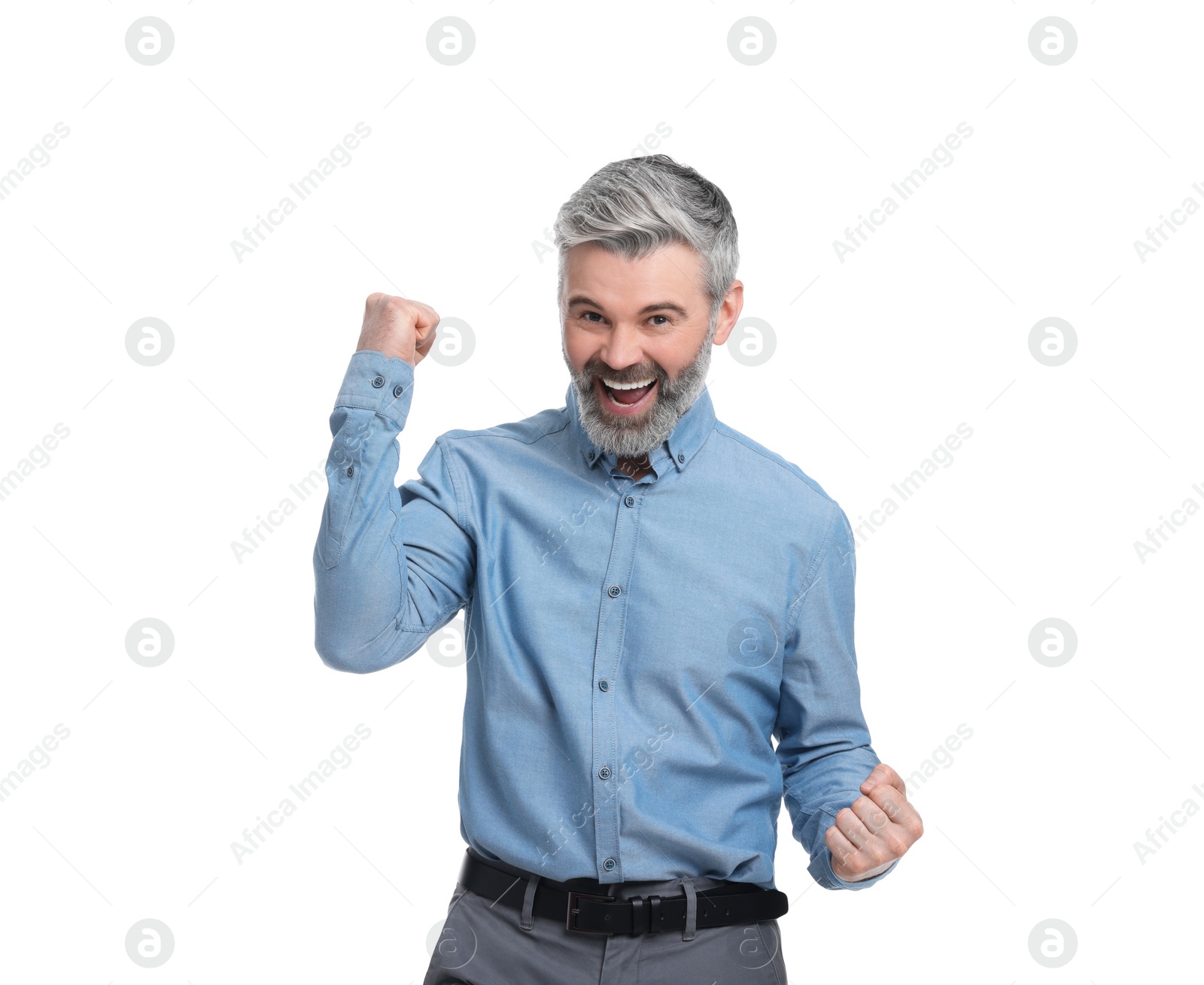 Photo of Mature businessman in stylish clothes posing on white background