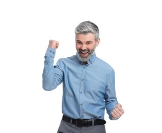 Photo of Mature businessman in stylish clothes posing on white background