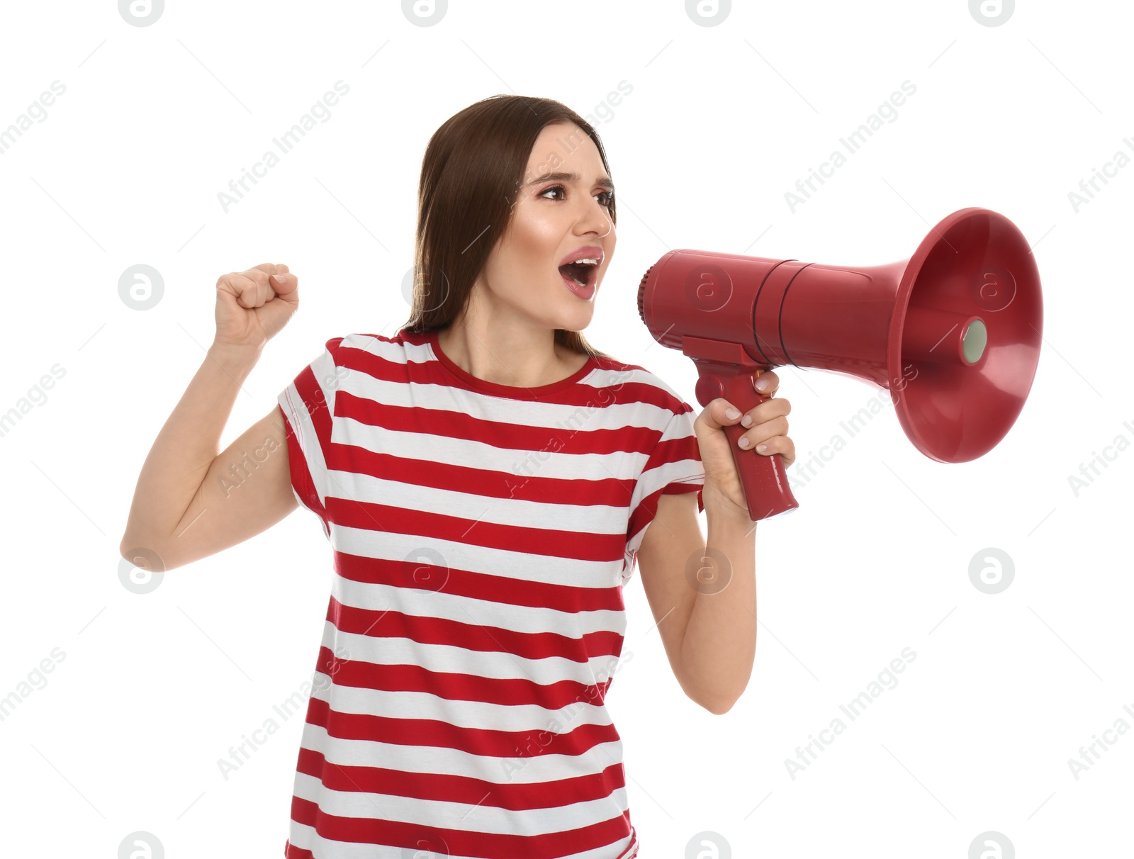 Photo of Young woman with megaphone on white background