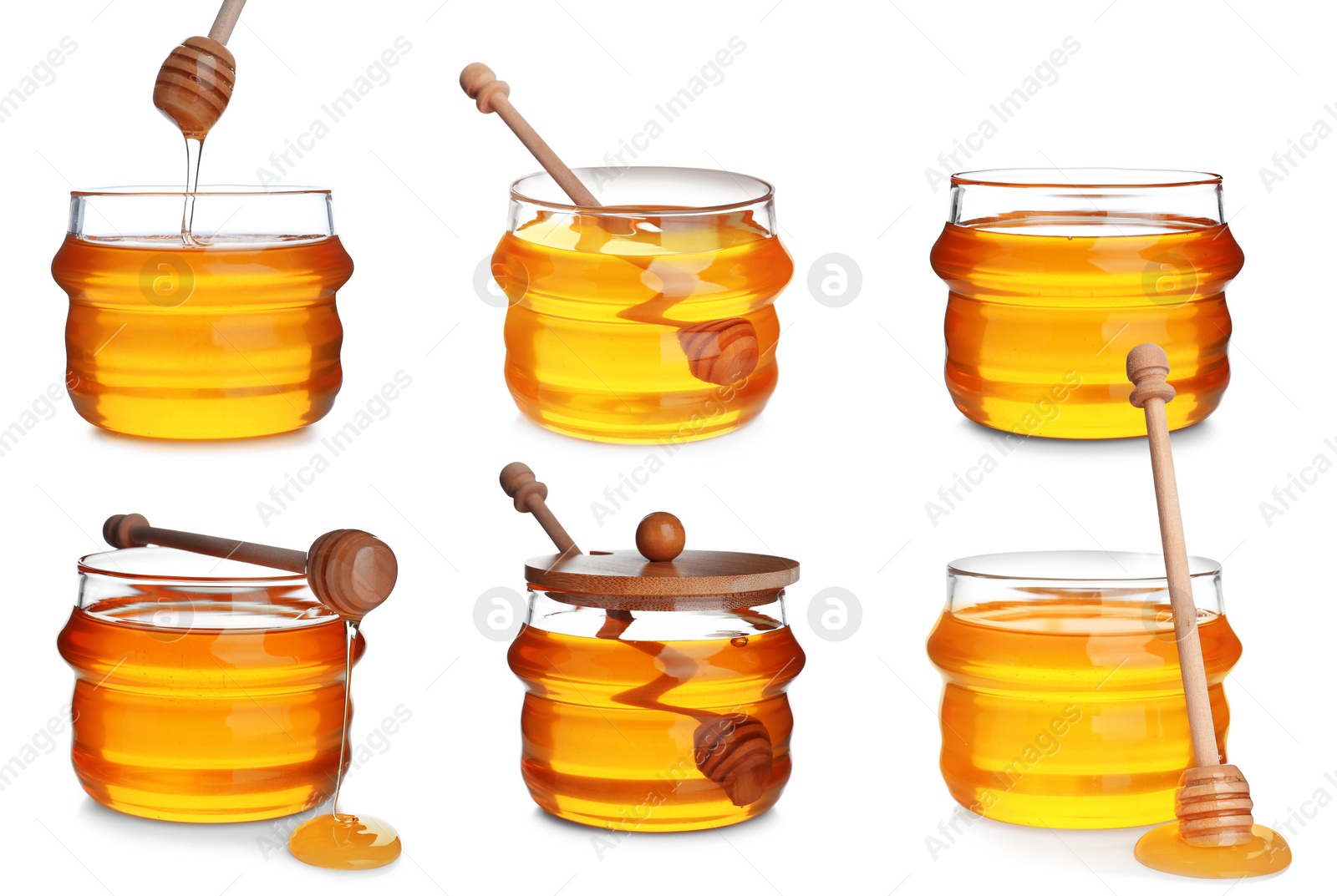 Image of Set of organic delicious honey on white background