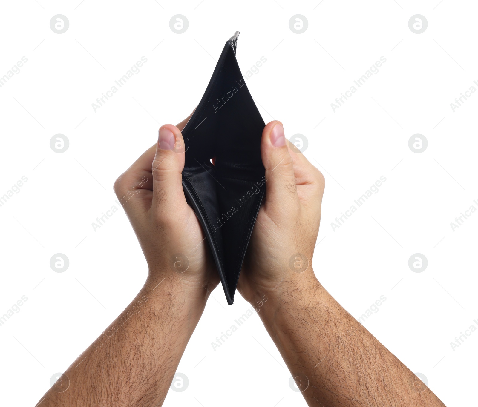 Photo of Man showing empty wallet on white background, closeup