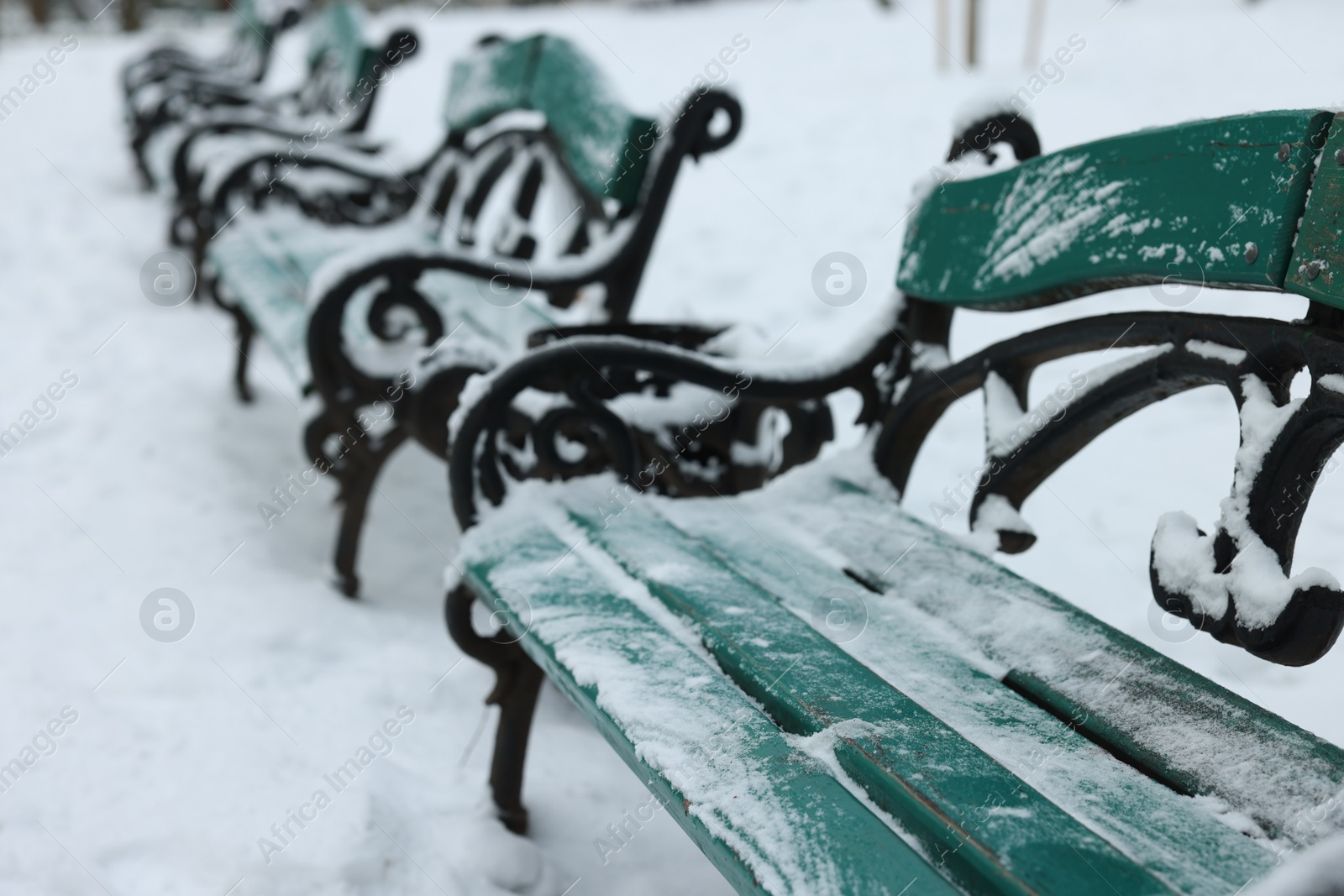 Photo of Green wooden benches covered in snow outdoors, closeup