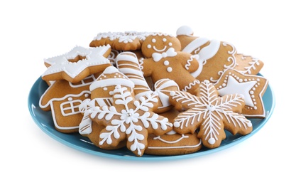 Delicious gingerbread Christmas cookies on white background