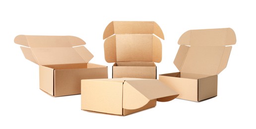 Image of Set of cardboard boxes on white background