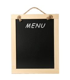 Black chalkboard with word Menu on white background. Mockup for design