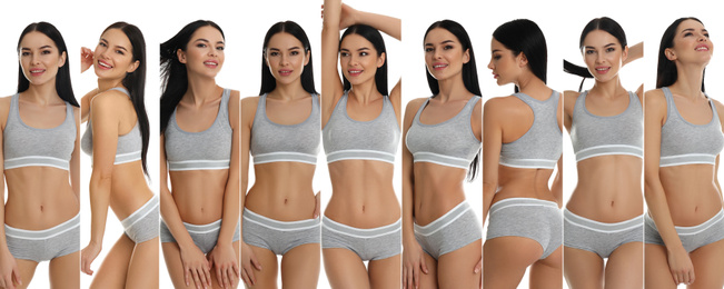 Image of Collage of beautiful young woman in grey sportive underwear isolated on white