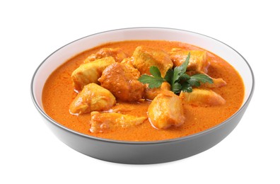 Photo of Bowl of delicious chicken curry on white background