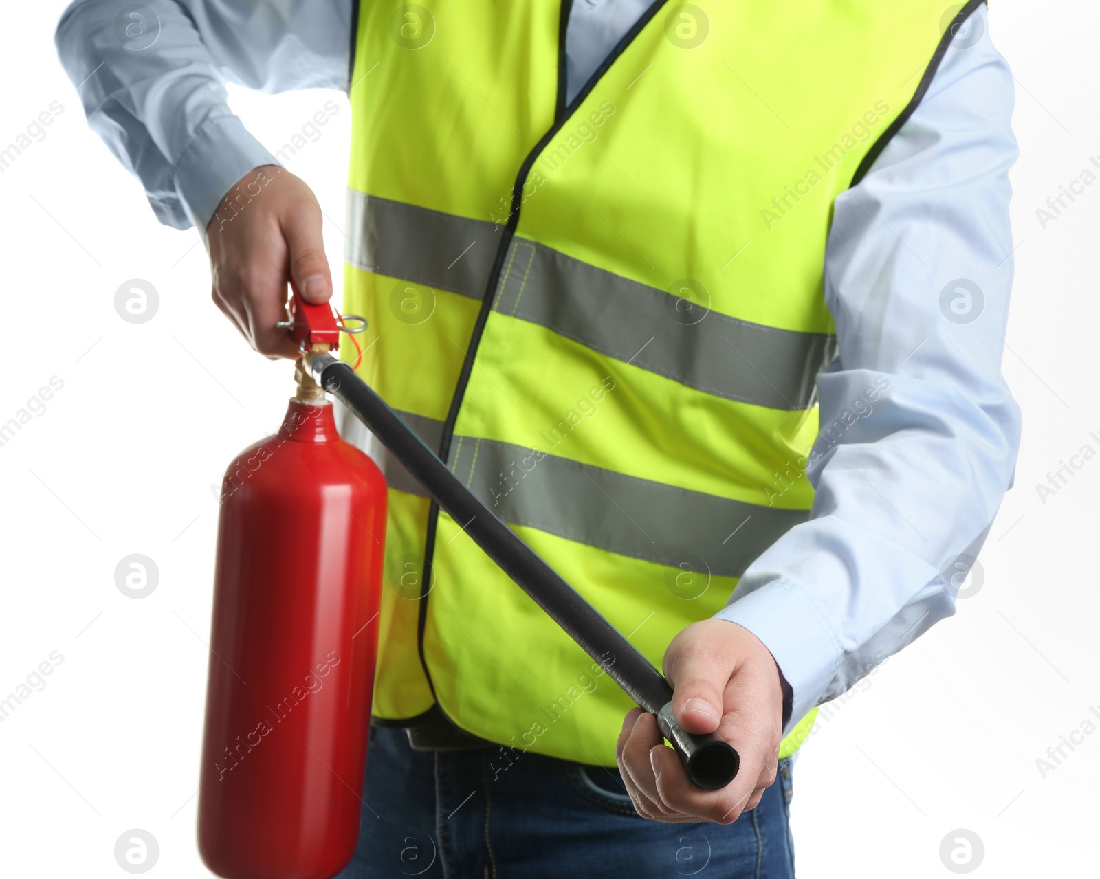 Photo of Worker using fire extinguisher on white background, closeup