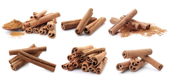 Image of Set with aromatic cinnamon sticks and powder on white background. Banner design