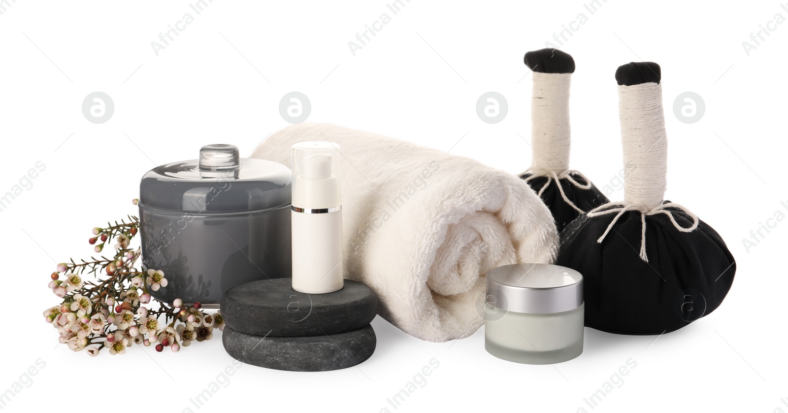 Photo of Beautiful composition with different spa products on white background