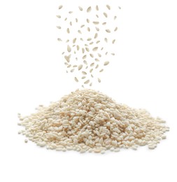 Image of Sesame seeds falling into pile on white background 