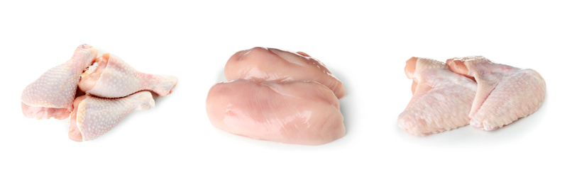 Image of Set with raw chicken meat on white background. Banner design  