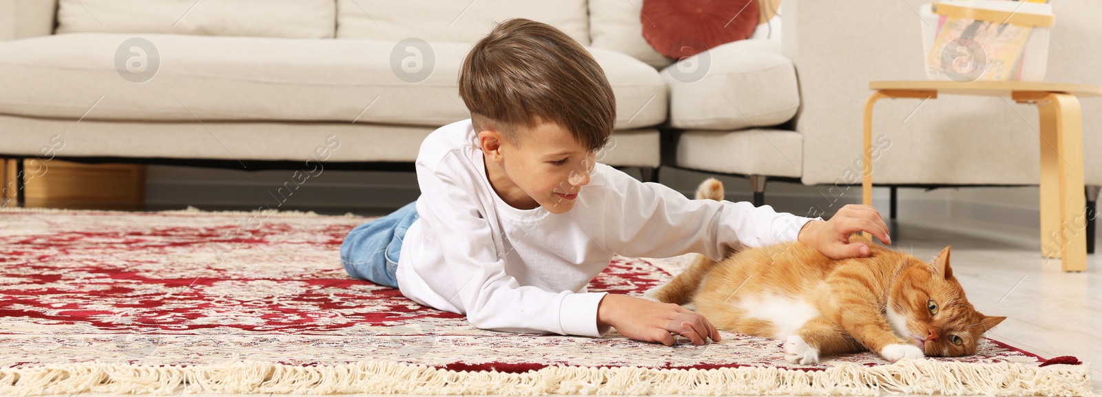 Image of Little boy petting cute ginger cat on carpet at home. Banner design