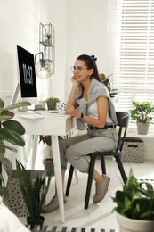 Photo of Young woman with cup of tea working at table in light room. Home office