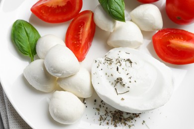 Delicious mozzarella with tomatoes and basil leaves on white plate, above view