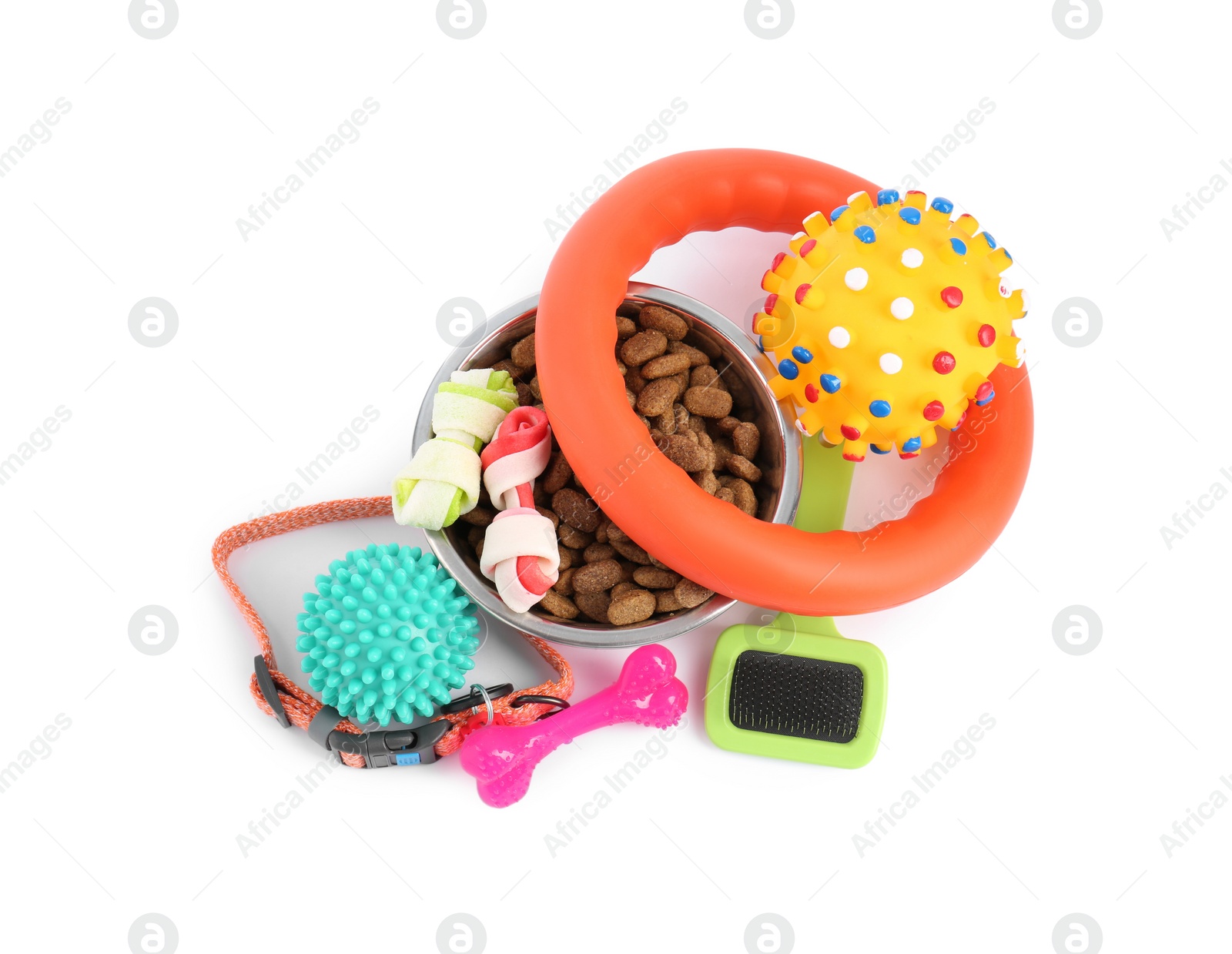 Photo of Dry pet food, toys and other goods isolated on white, top view. Shop items