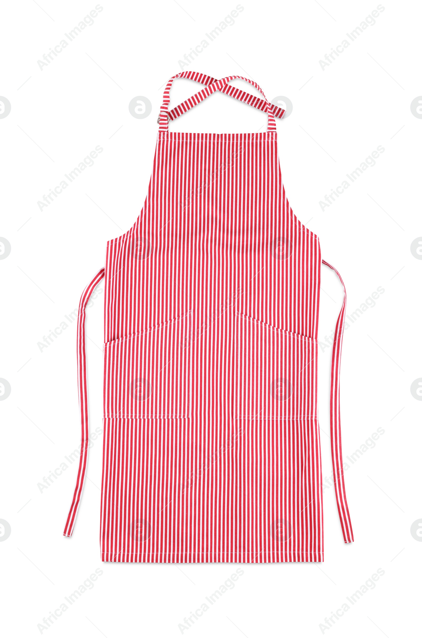 Photo of Striped apron isolated on white, top view