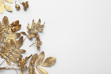 Photo of Golden rowan leaves and berries on white background, flat lay with space for text. Autumn season