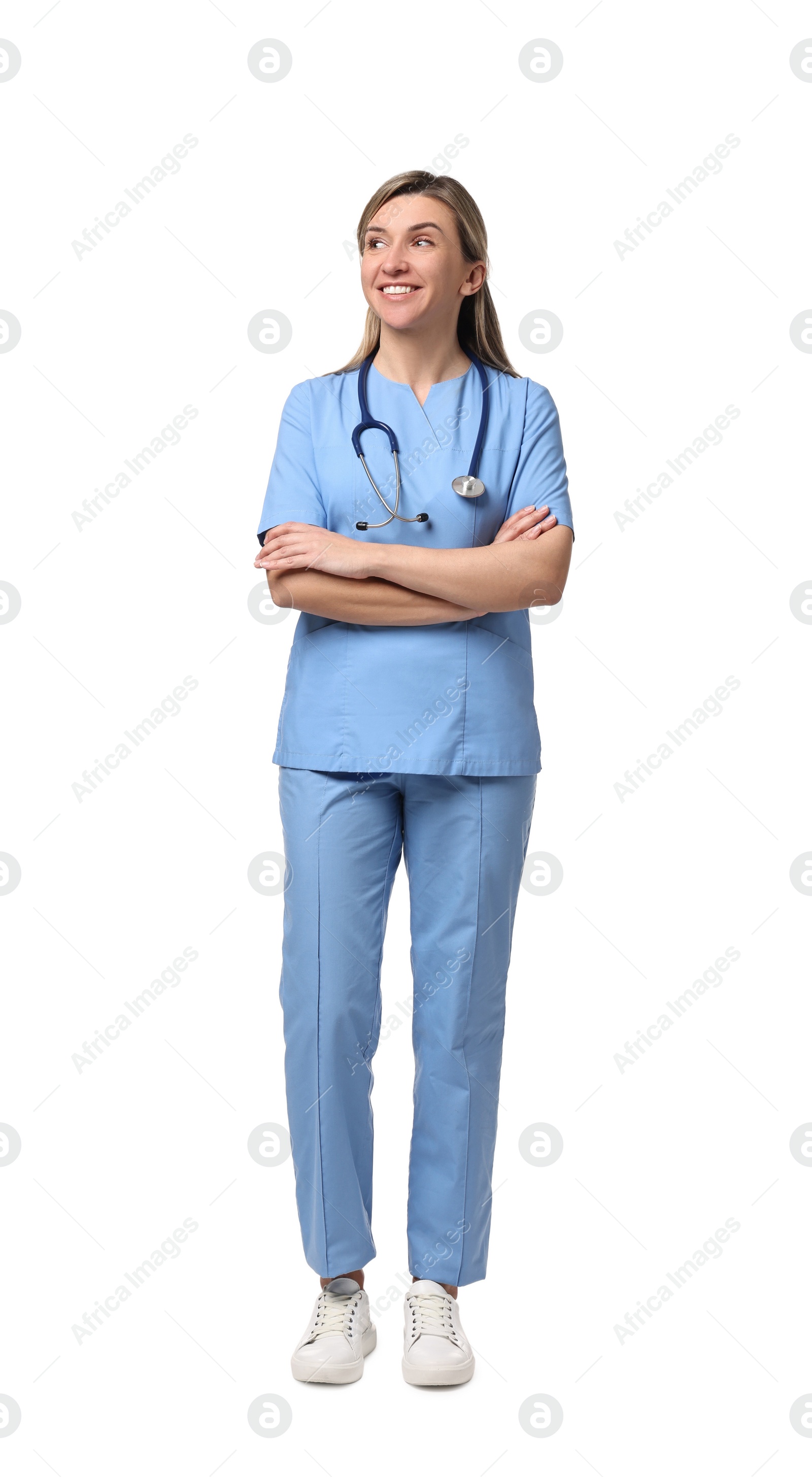 Photo of Portrait of happy doctor with stethoscope on white background