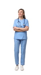 Portrait of happy doctor with stethoscope on white background