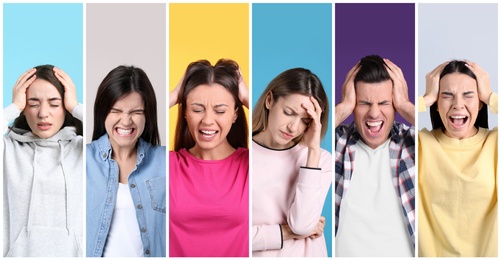 Image of Collage with photos of stressed people on color backgrounds