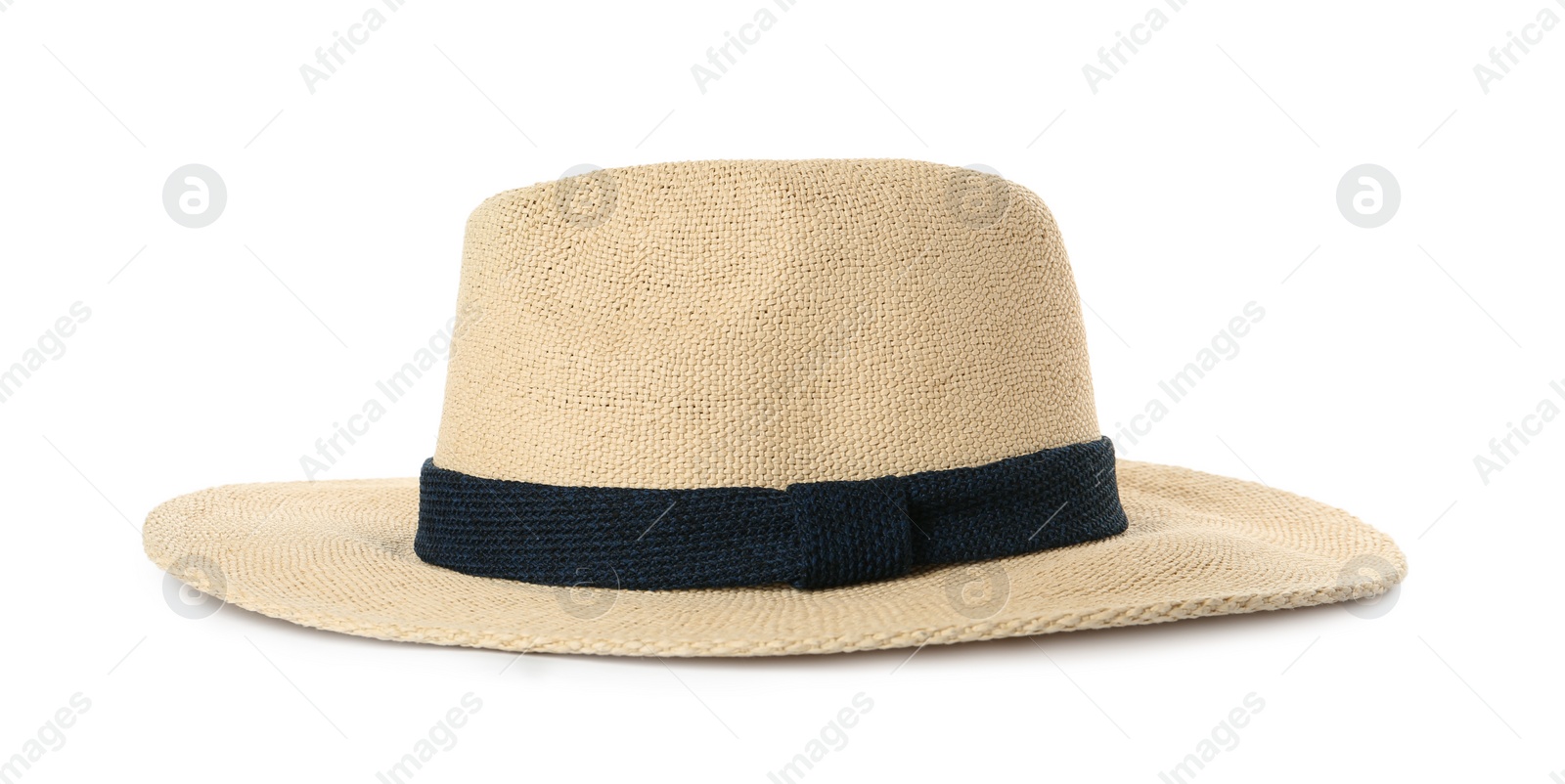 Photo of Stylish straw hat isolated on white. Fashionable accessory